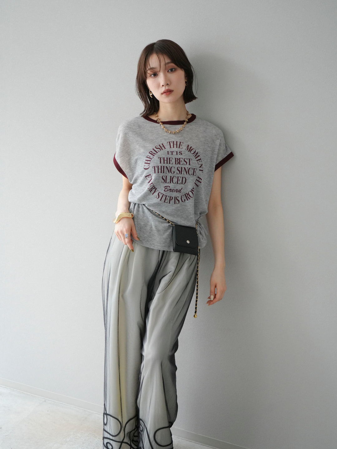 [SET]シアーフライス ロゴプリントT +コード刺繍チュールレイヤードパンツ(2set)