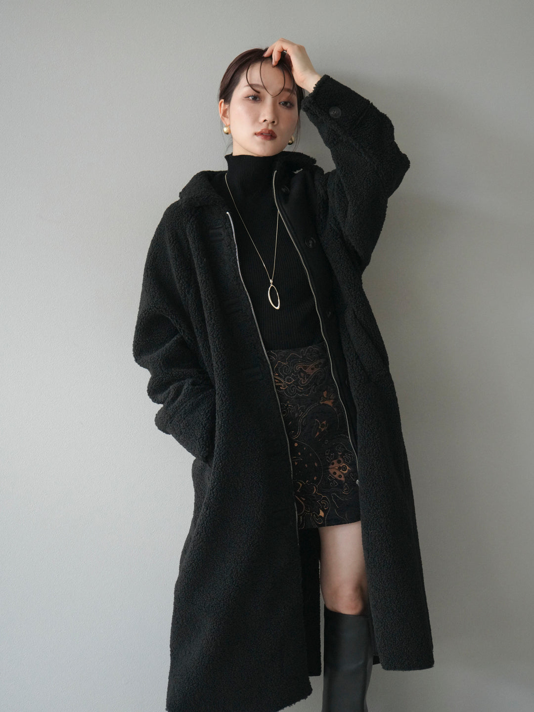 [予約]ボアxムートンロングコート/black
