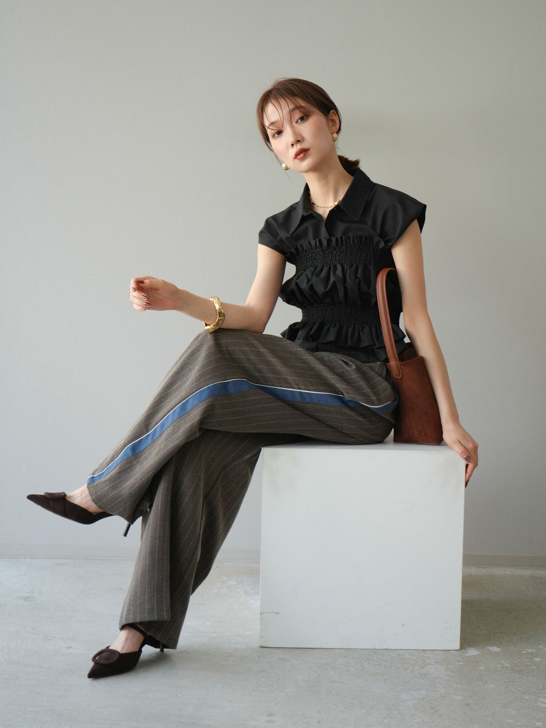 [予約]サイドラインストライプワイドパンツ/ブラウン