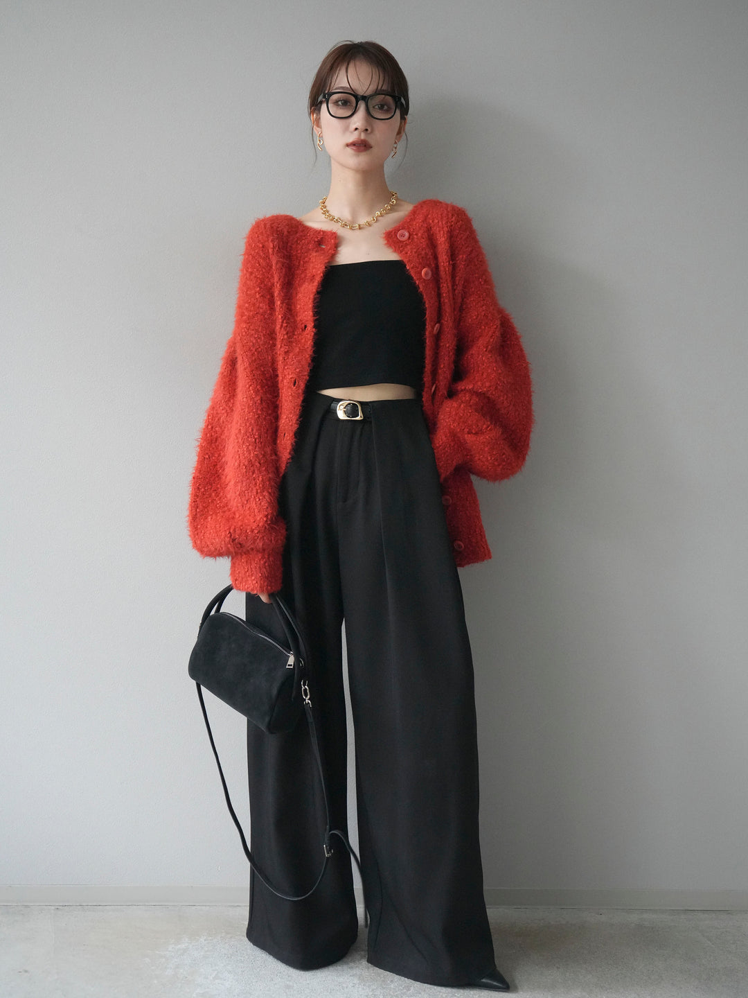 [SET]クルーネックランダムシャギーカーディガン+ベルトループデザインワイドパンツ(2set)