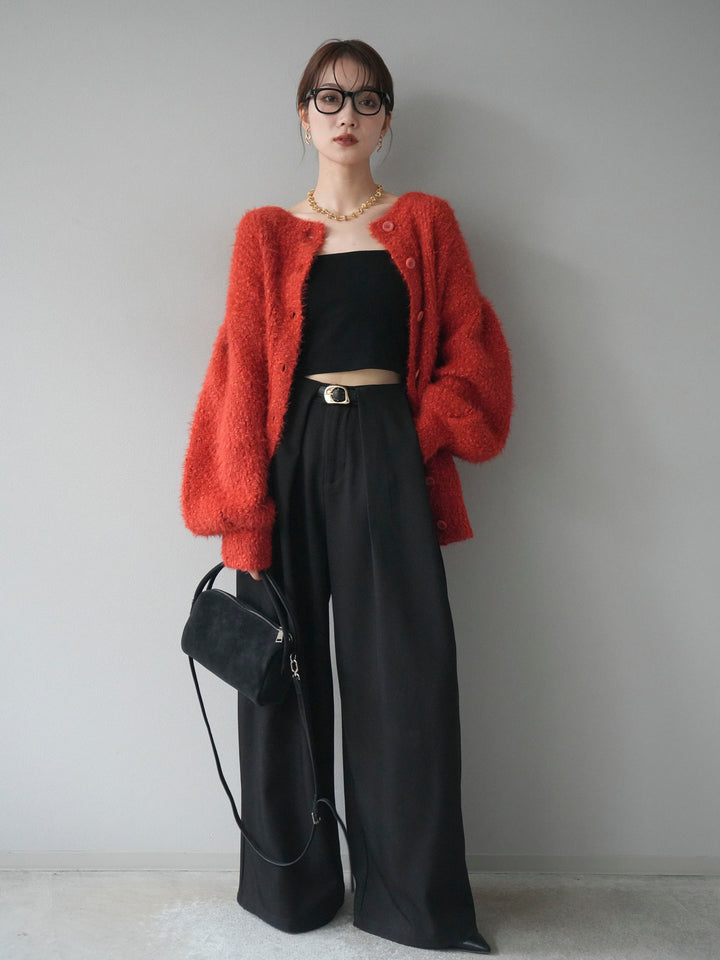 [SET]クルーネックランダムシャギーカーディガン+ベルトループデザインワイドパンツ(2set)