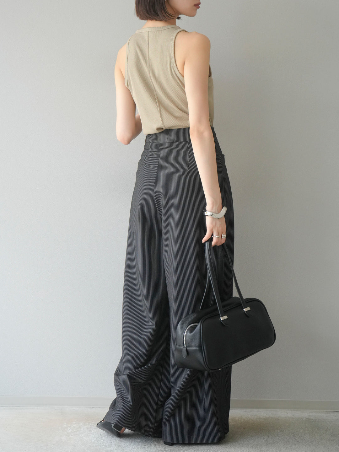 【預購】條紋裹腰闊腿褲/黑色