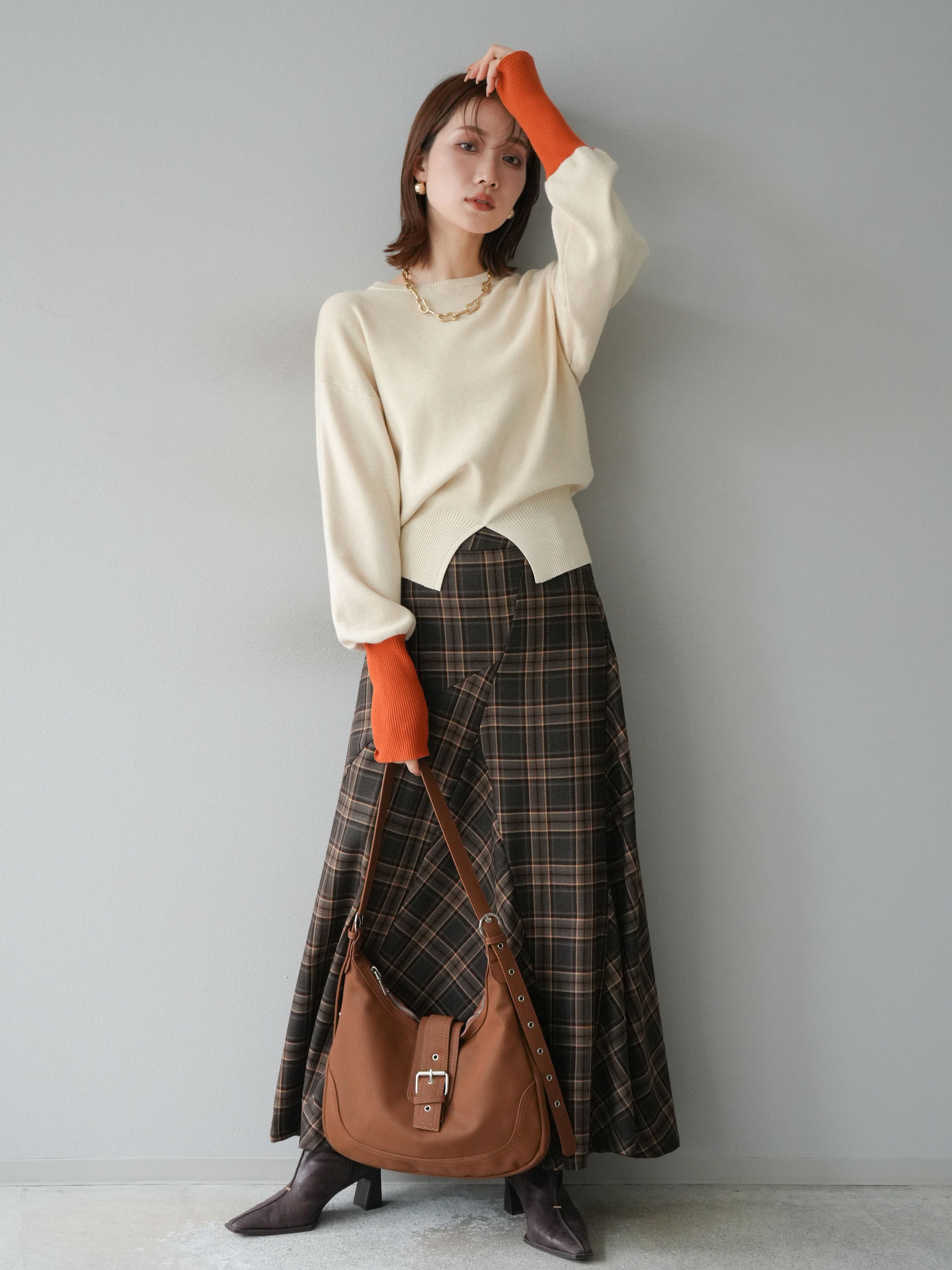 予約]チェック柄マーメイドスカート/ブラウン – Lumier