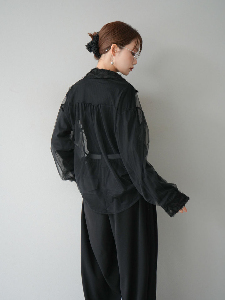 [SET]フリンジジャガード×チュールレイヤードシャツ+アームシャギーランダムリブニットトップス+ベルト付タックワイドパンツ(3set)