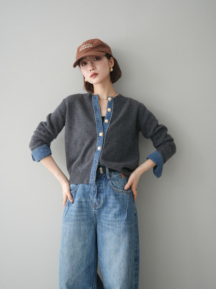 [SET]クルーネックデニムドッキングニットカーディガン+選べるアクセセット(2set)
