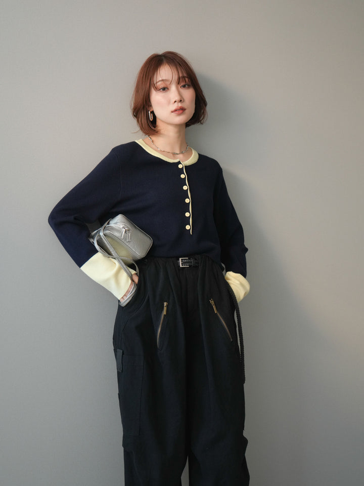 [予約]ヘンリーネック配色ニットソー/navy