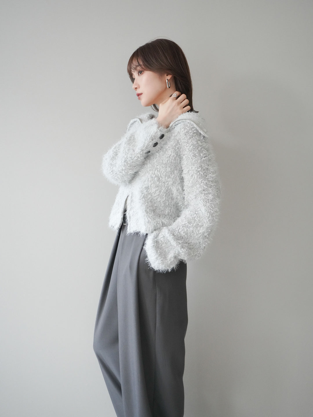 [予約]ミックスシャギージップニットカーディガン/ivory