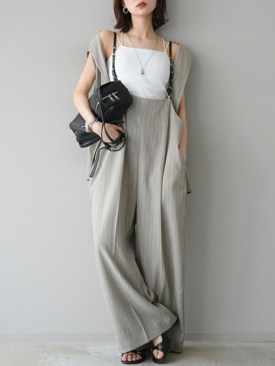 【着回しセット】[SET]ヘリンボーンストライプジレ+シアー切替ベロアトップス+ヘリンボーンストライプサロペット(3set)