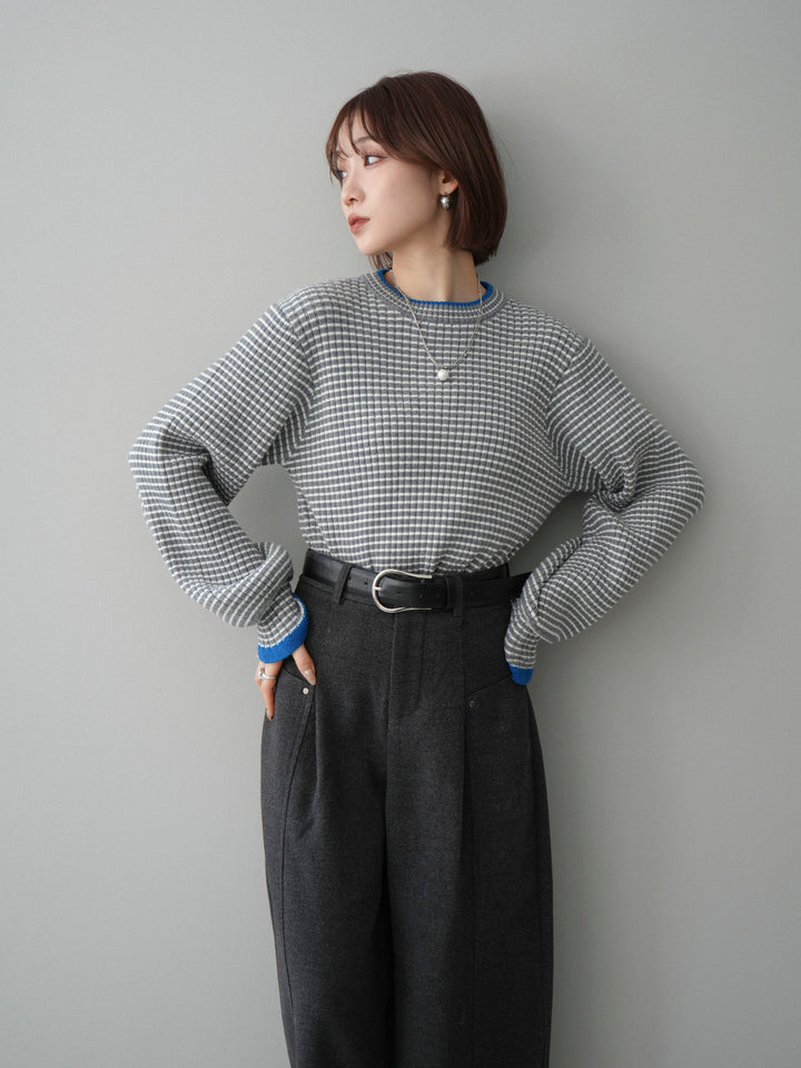 [予約]ラメ異素材ボーダーリブニットプルオーバー/charcoal×blue