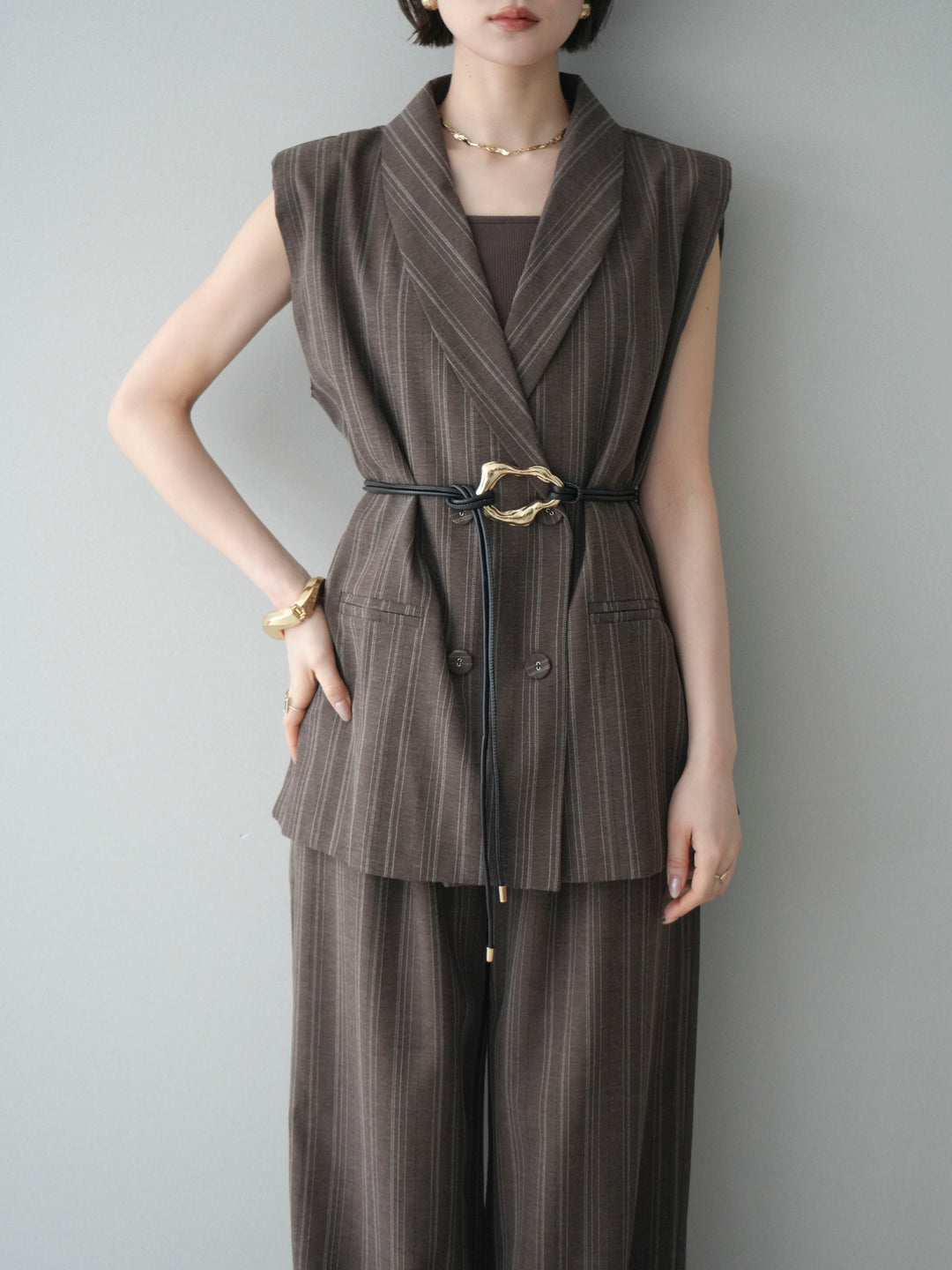 [SET]モチーフベルト付ストライプジレ＆パンツSETUP