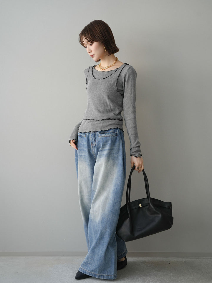 [SET]バイカラーメローアンサンブルシアーニットトップス+フロントポケットサイドタックワイドデニム(2set)