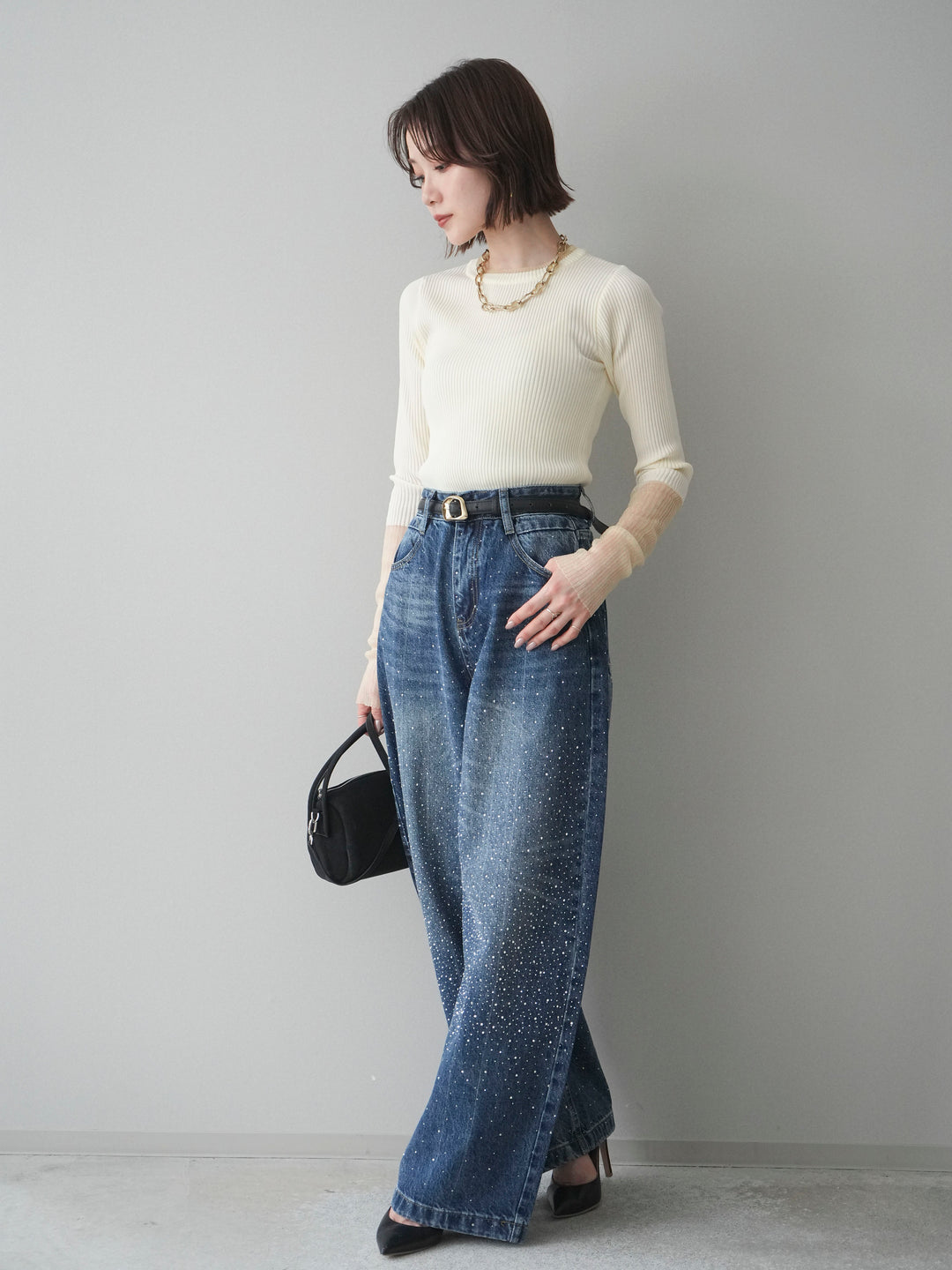 [SET]リブラメシアー切替リブニットトップス+ラインストーンカーブデニムパンツ(2set)