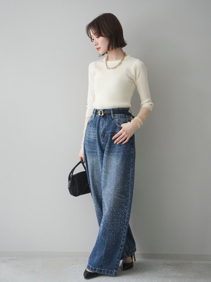[SET]リブラメシアー切替リブニットトップス+ラインストーンカーブデニムパンツ(2set)