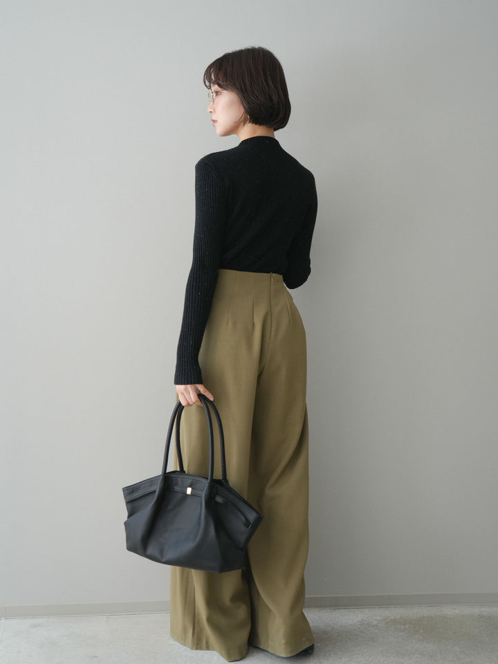 [SET]シアー切替スパンコールリブニットトップス+デザインハイウエストワイドパンツ(2set)