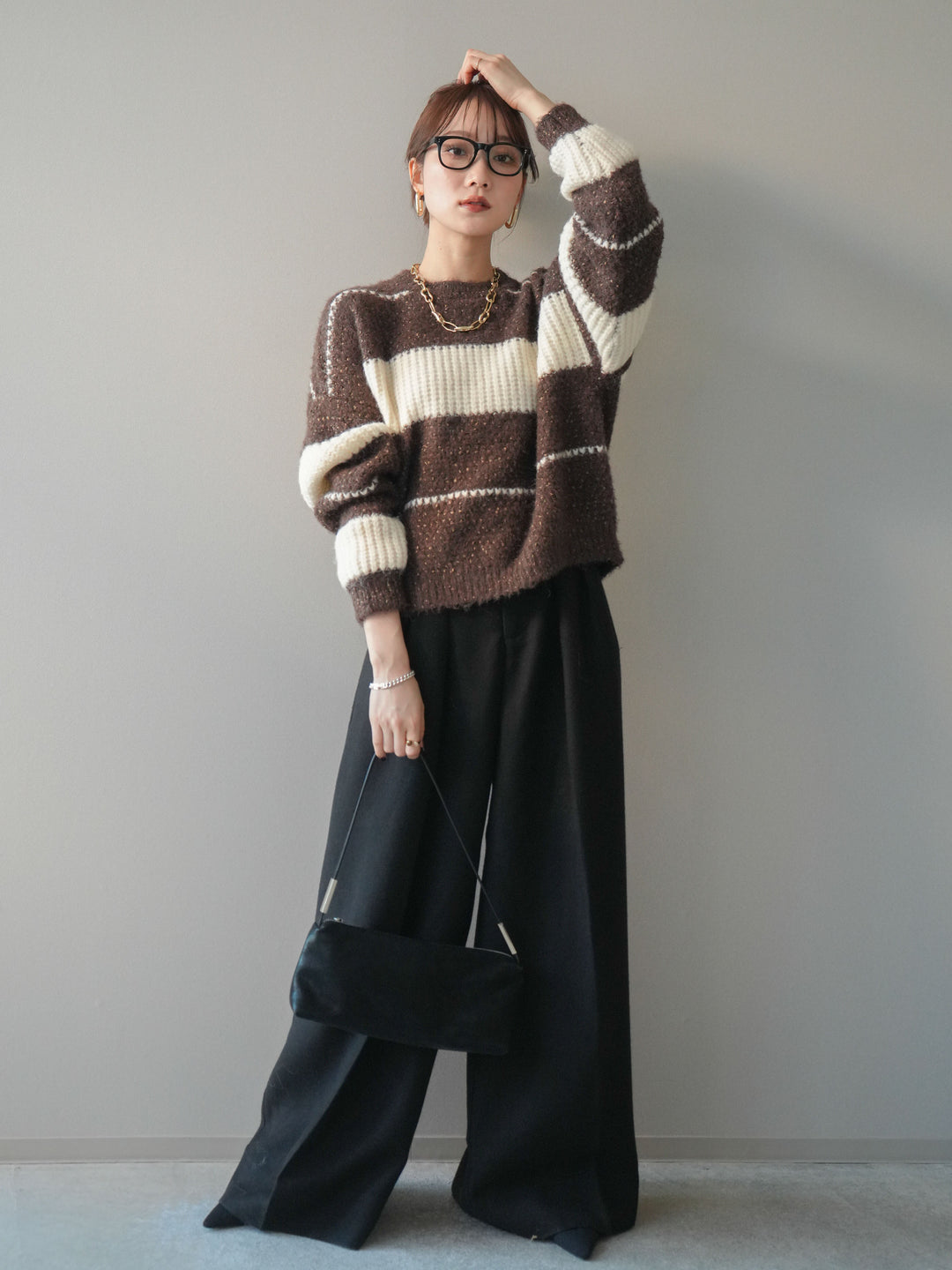 [SET]ネップヤーンボーダーニットプルオーバー+ウールタッチベルト付ワイドパンツ(2set)