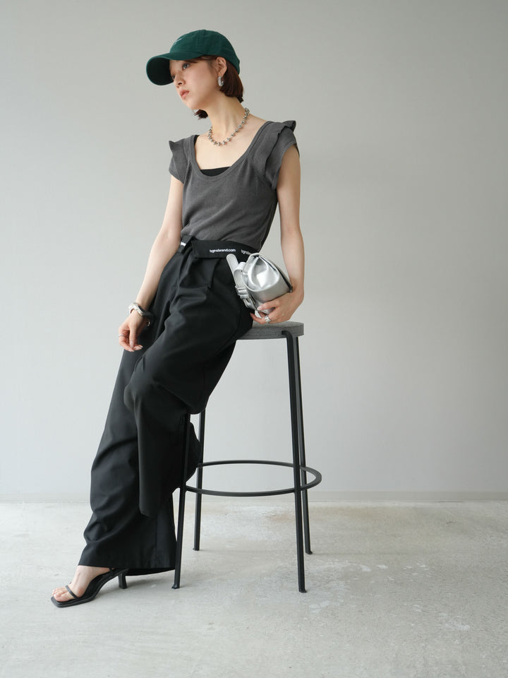 [予約]リネンタッチフリルニットタンクトップ/チャコール