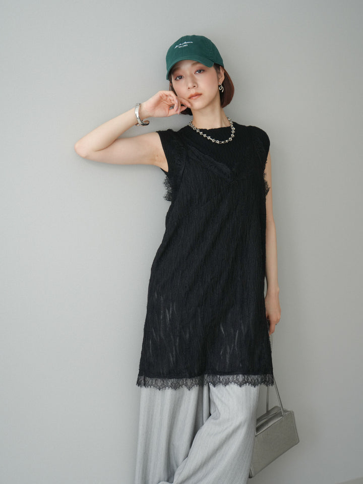 [予約]レース切替ジャガードニットロングキャミソール/black