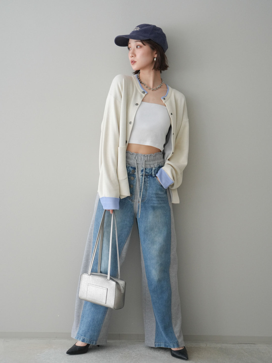 [SET]バイカラーオーバーニットカーディガン+デニム切替スウェットパンツ(2set)