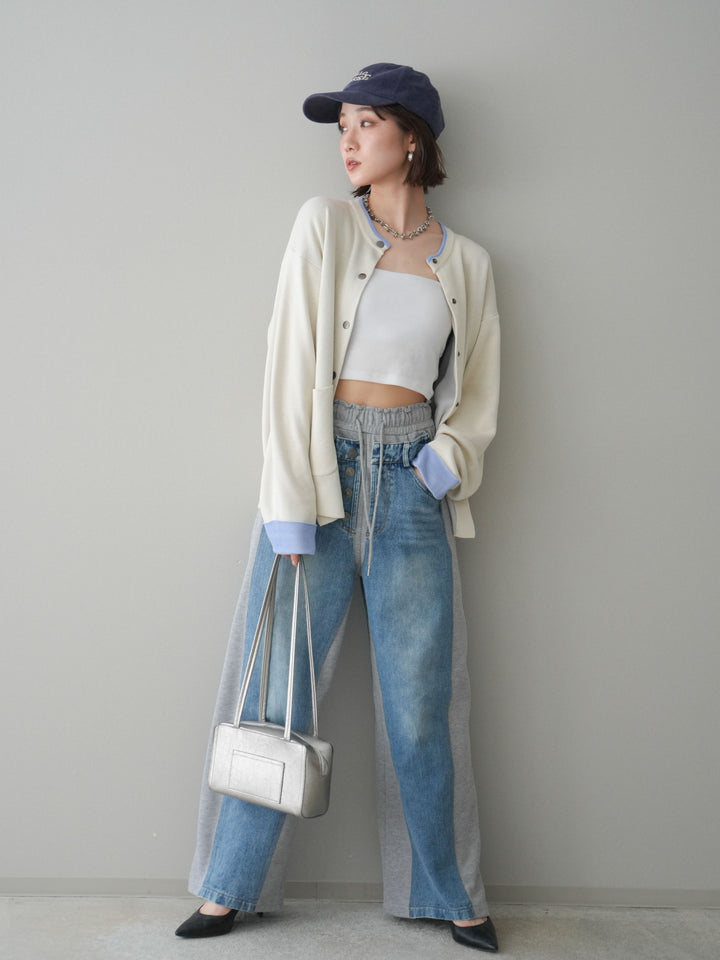 [SET]バイカラーオーバーニットカーディガン+デニム切替スウェットパンツ(2set)