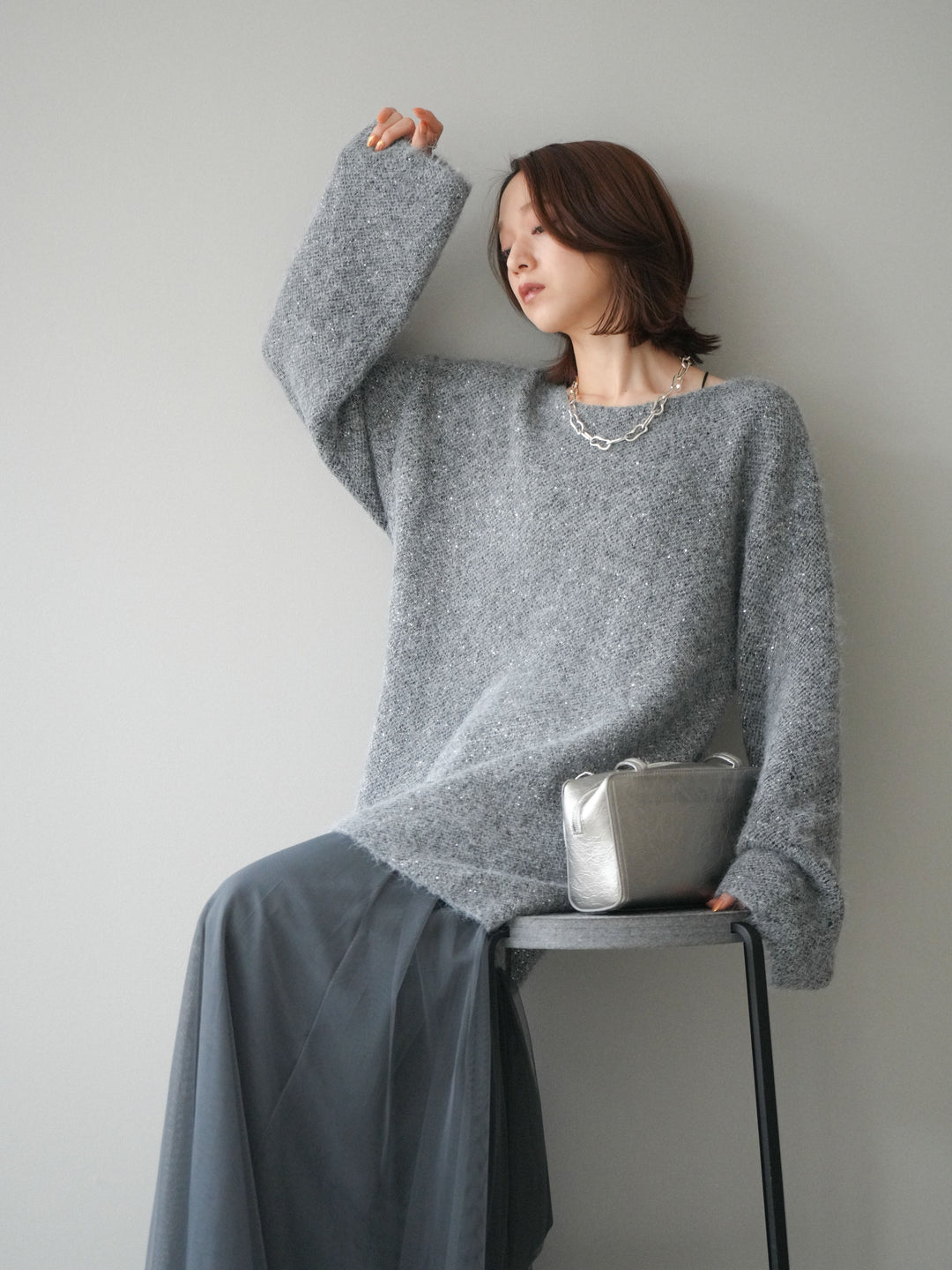 [予約]スパンコールミニシャギーニットチュニック/gray