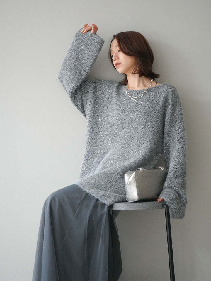 [予約]スパンコールミニシャギーニットチュニック/gray