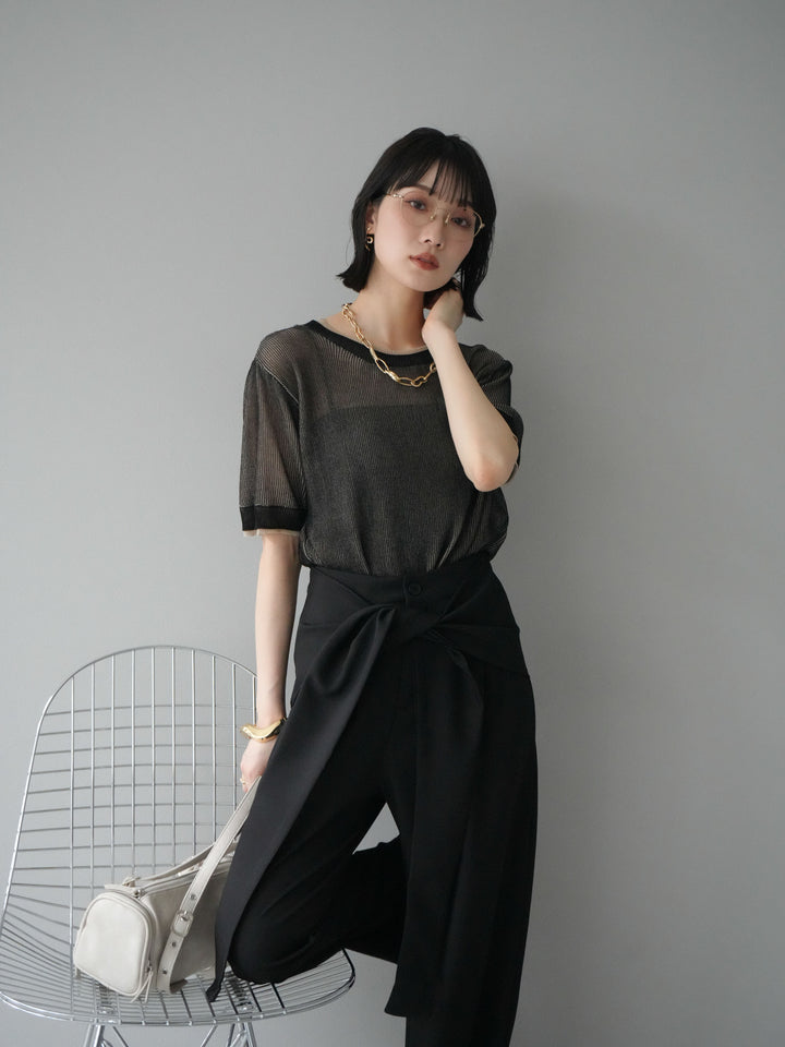 [SET]リネンタッチ配色二重臼ハーフニットトップス+ウエスト巻きデザインワイドパンツ(2set)