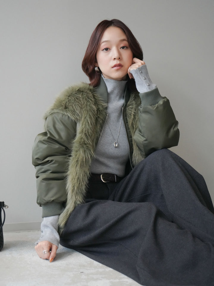 [SET]ファードッキングMA-1+アニマル柄ベルト付きウールタッチワイドパンツ(2set)