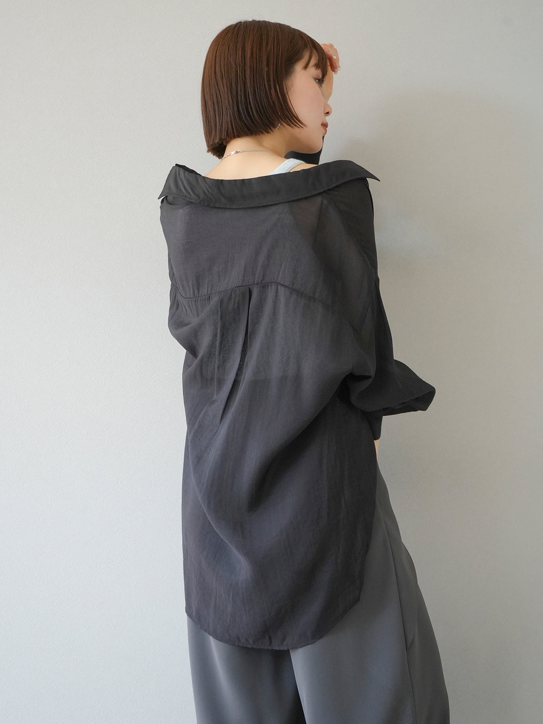 [SET] Volume sleeve sheer overshirt + halter neck knit tank top (2set)