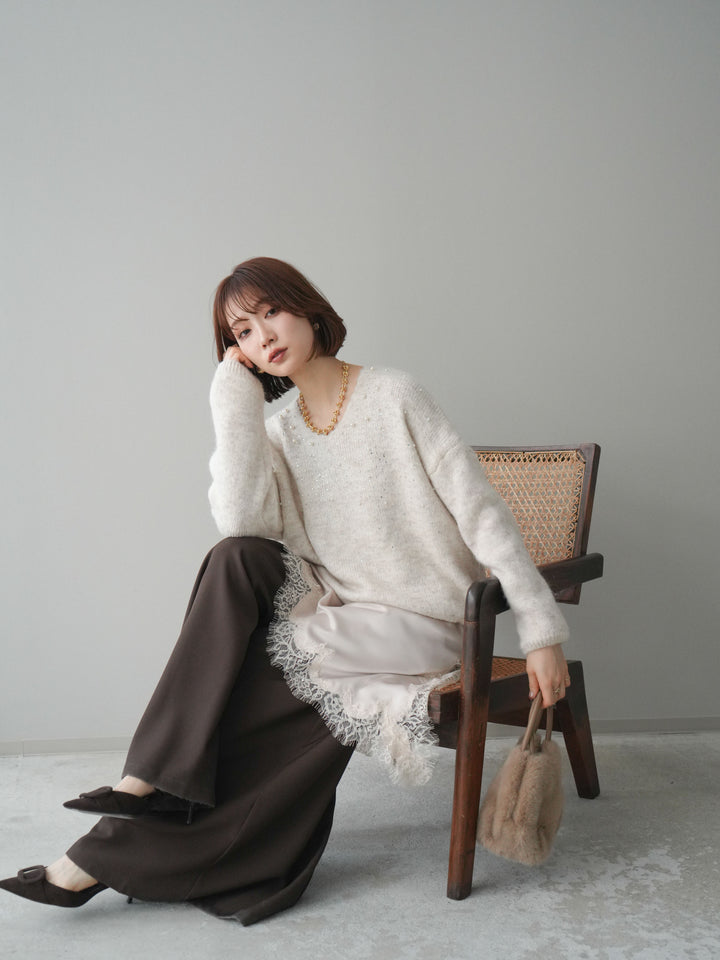 [SET]パール×ビジューVネックニットプルオーバー+アシンメトリーサテンレースキャミソール+テープベルトタックバギーパンツ(3set)