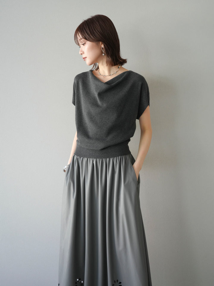 [予約]ドレープドルマンフレンチスリーブニットトップス/グレー