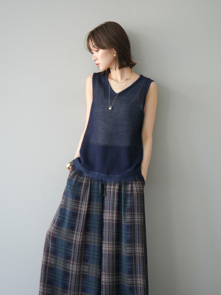 [予約]裾フリンジVネックニットタンクトップアンサンブル/ネイビー