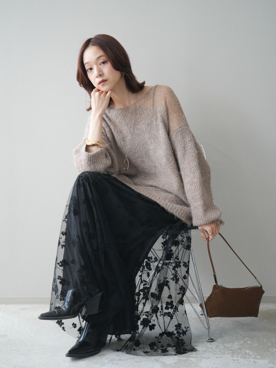 [SET]透かしデザインニットプルオーバー+フラワーフロッキーチュールプリーツスカート(2set)