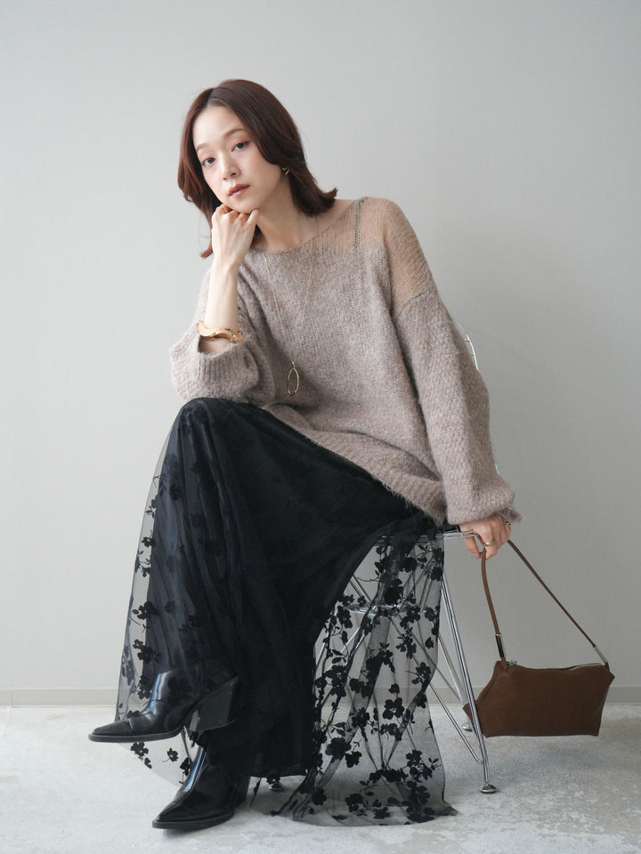 [SET]透かしデザインニットプルオーバー+フラワーフロッキーチュールプリーツスカート(2set)