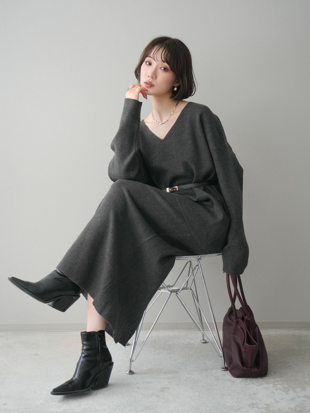 [SET]ベルト付Vネックニット＆スカートSET UP+選べるアクセセット(2set)