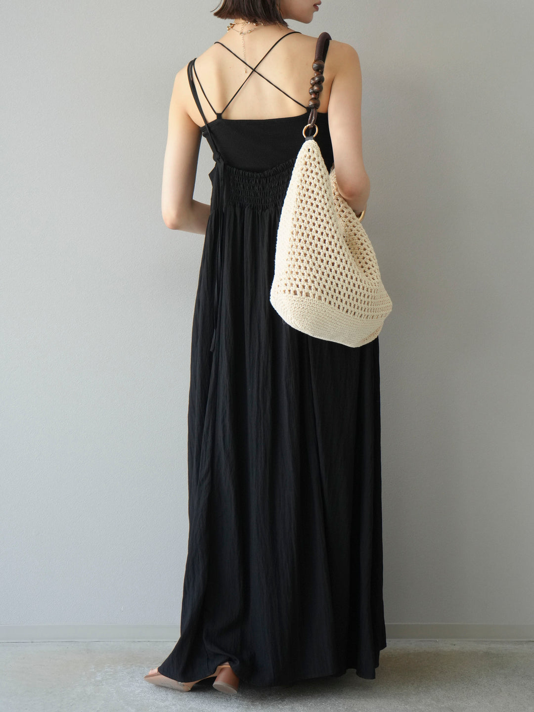 [SET]レーヨンシャーリングキャミワンピース+カップ付きバッククロスキャミソール(2set)