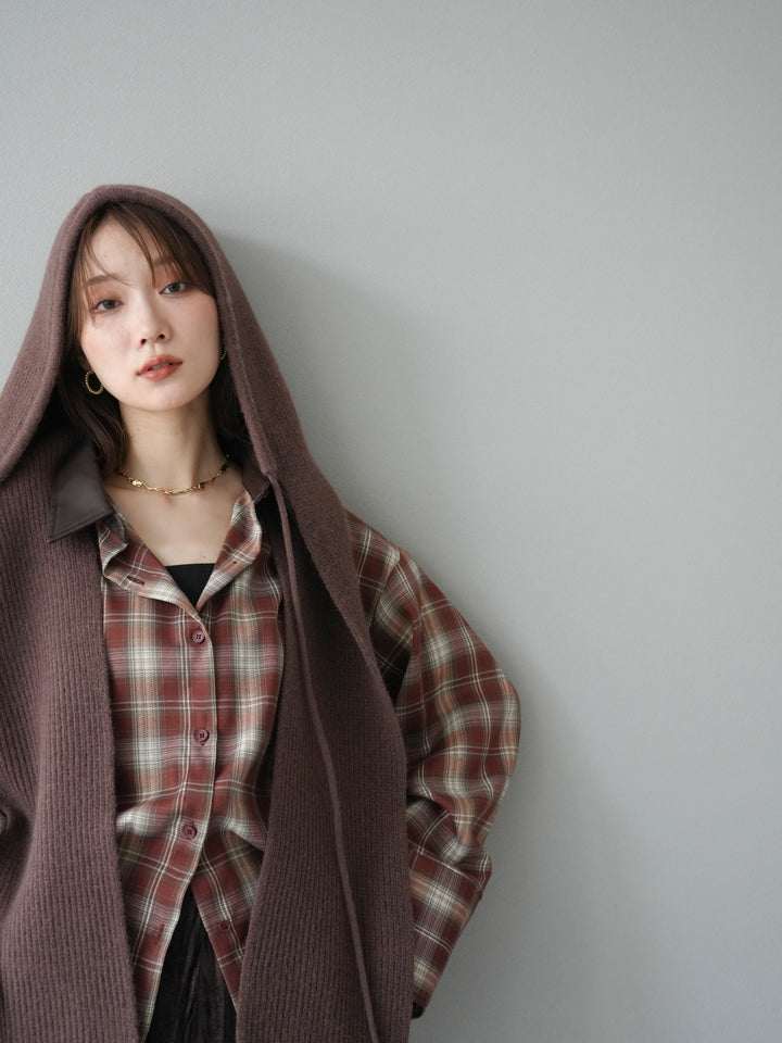 [SET]レザー襟オンブレチェックオーバーシャツ +クラッシュベロアナロースカート(2set)