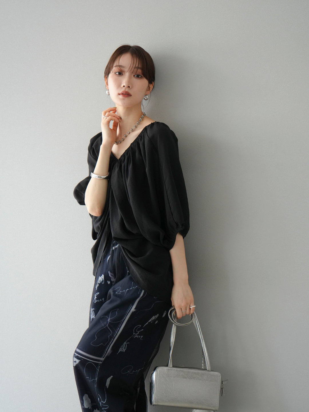 [SET]ボリュームスリーブシアータックブラウス+コード刺繍チュールレイヤードパンツ(2set)