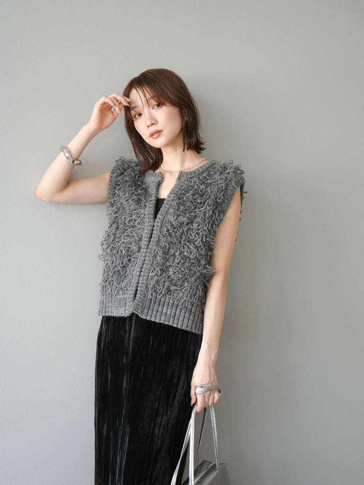 [SET]レザー襟オンブレチェックオーバーシャツ +ループデザインホックベスト +クラッシュベロアナロースカート(3set)