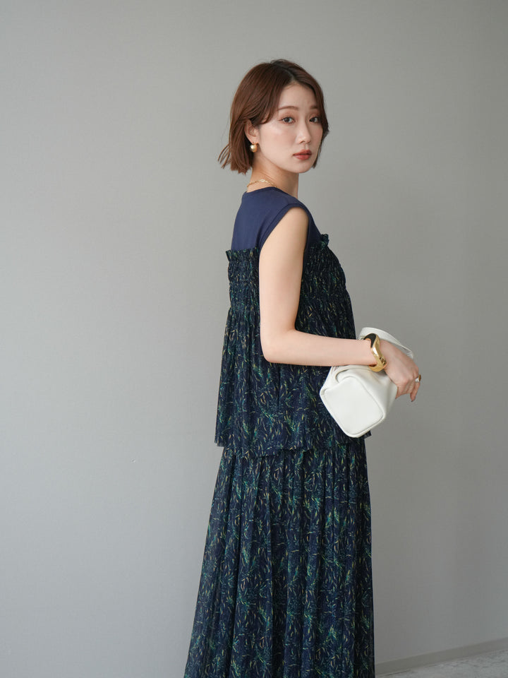 [予約]チュールプリントノースリーブトップス/navy