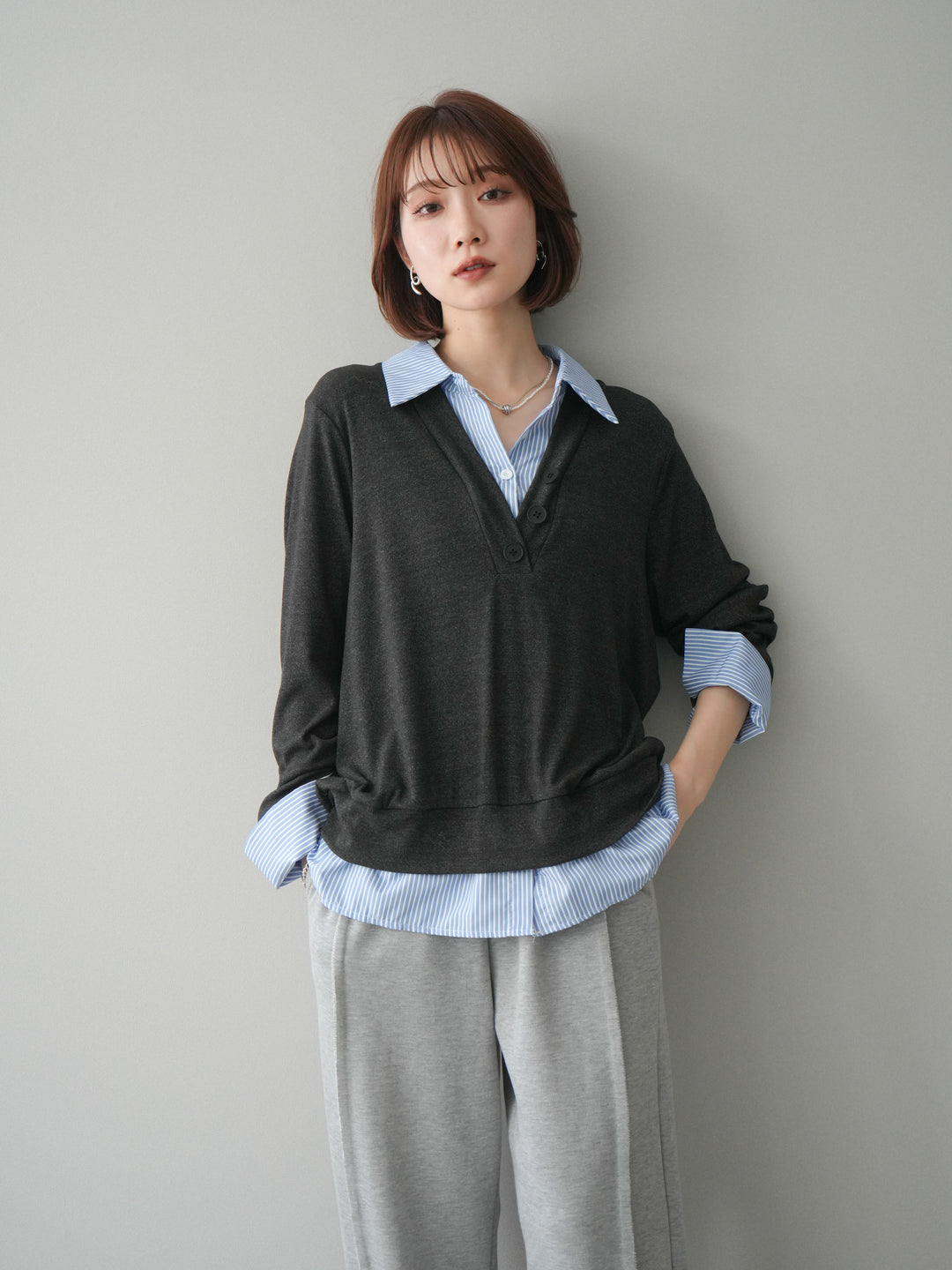 [予約]シャツレイヤードデザインカットプルオーバー/charcoal
