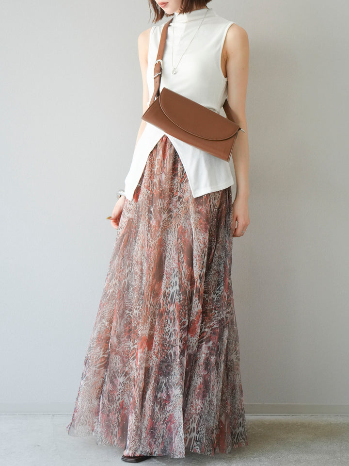 [予約]ニュアンス柄チュールレイヤードプリーツスカート/ブラウン