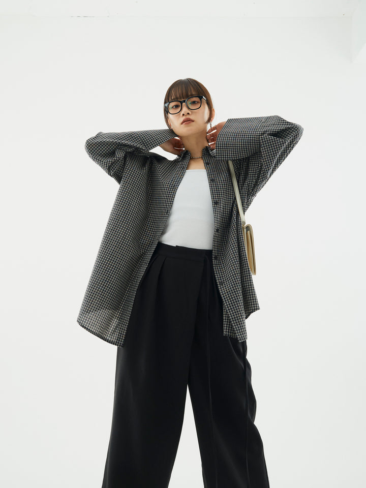 【Allure】[SET]チェックBIGカフスオーバーシャツ+ラップデザインタックワイドパンツ(2set)