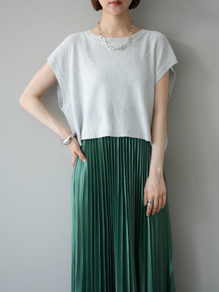 [SET]ネップヤーンクロップドニットベスト+サテンプリーツマキシスカート(2set)