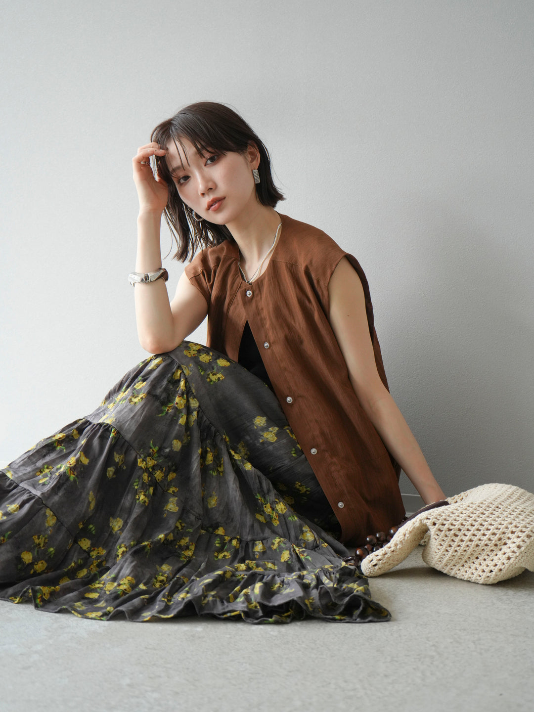 [SET]リネンライクドロストバルーンブルゾン+フラワーワッシャープリーツスカート(2set)