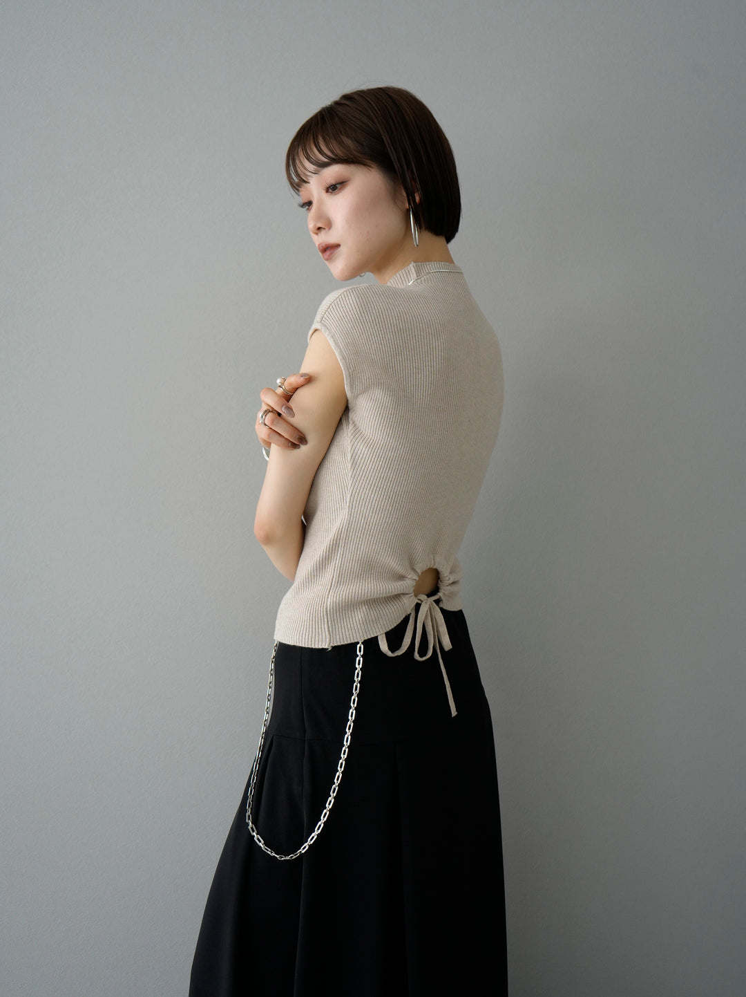 [SET] Backround open rib knit + petite neck center seam sleeveless knit top (2set)