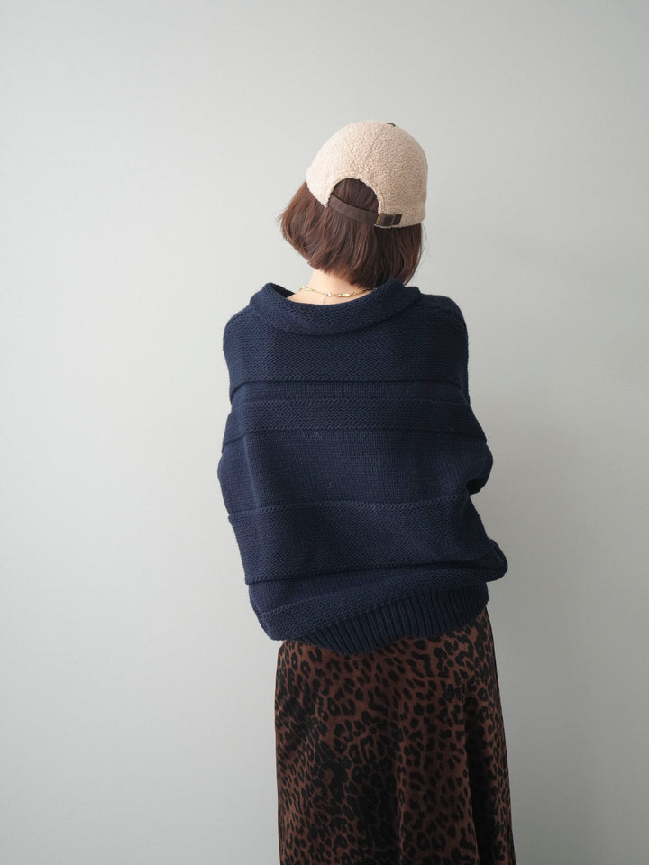 [予約]襟付きボーダー編みニットプルオーバー/navy