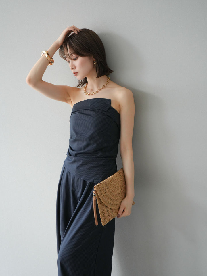 [SET] 條紋褶襉露肩上衣＆寬褲 SET UP (2set)