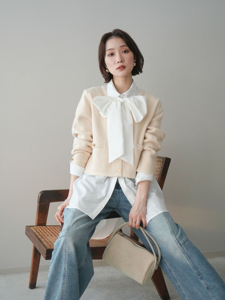 [SET]ゴールドボタンノーカラーニットジャケット+ボウタイ付オーバーシャツ(2set)