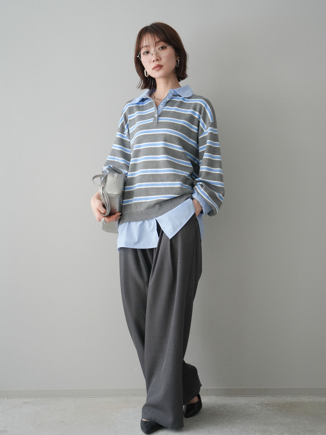 [予約]ウエストバイカラータックワイドパンツ/gray