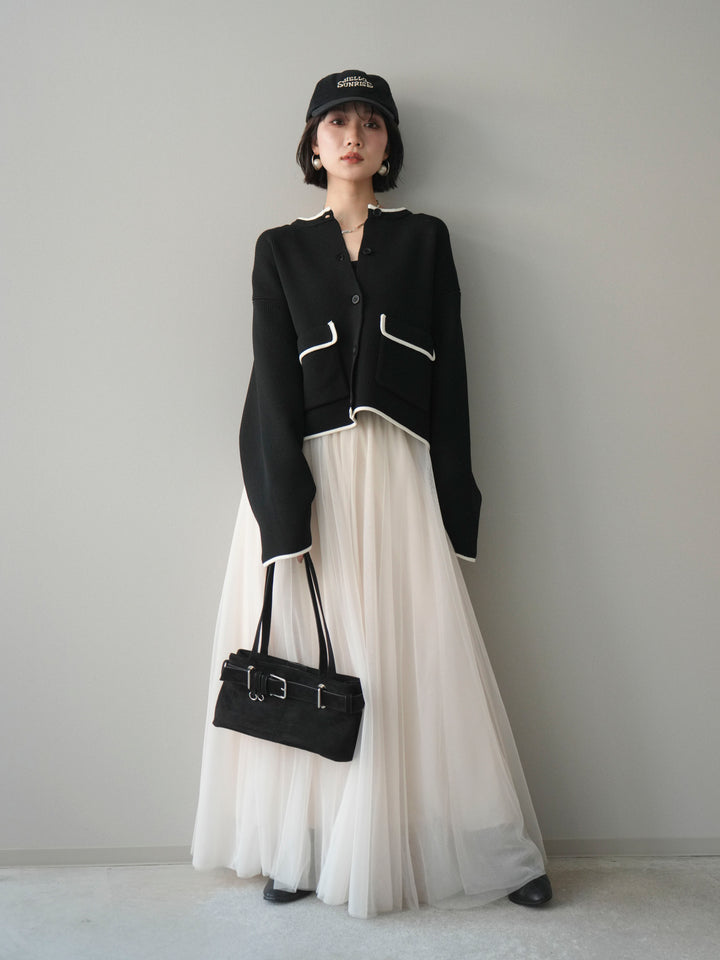 [SET]ポリエステル配色ニットカーディガン+チュールボリュームスカート(2set)